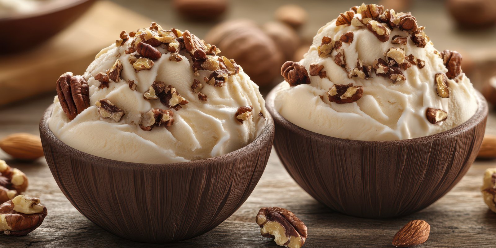 Delightful dessert of creamy ice cream topped with crunchy nuts served in wooden bowls